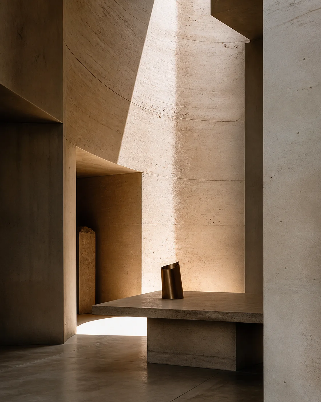 Sunlight across warm travertine and a sculptural brass object