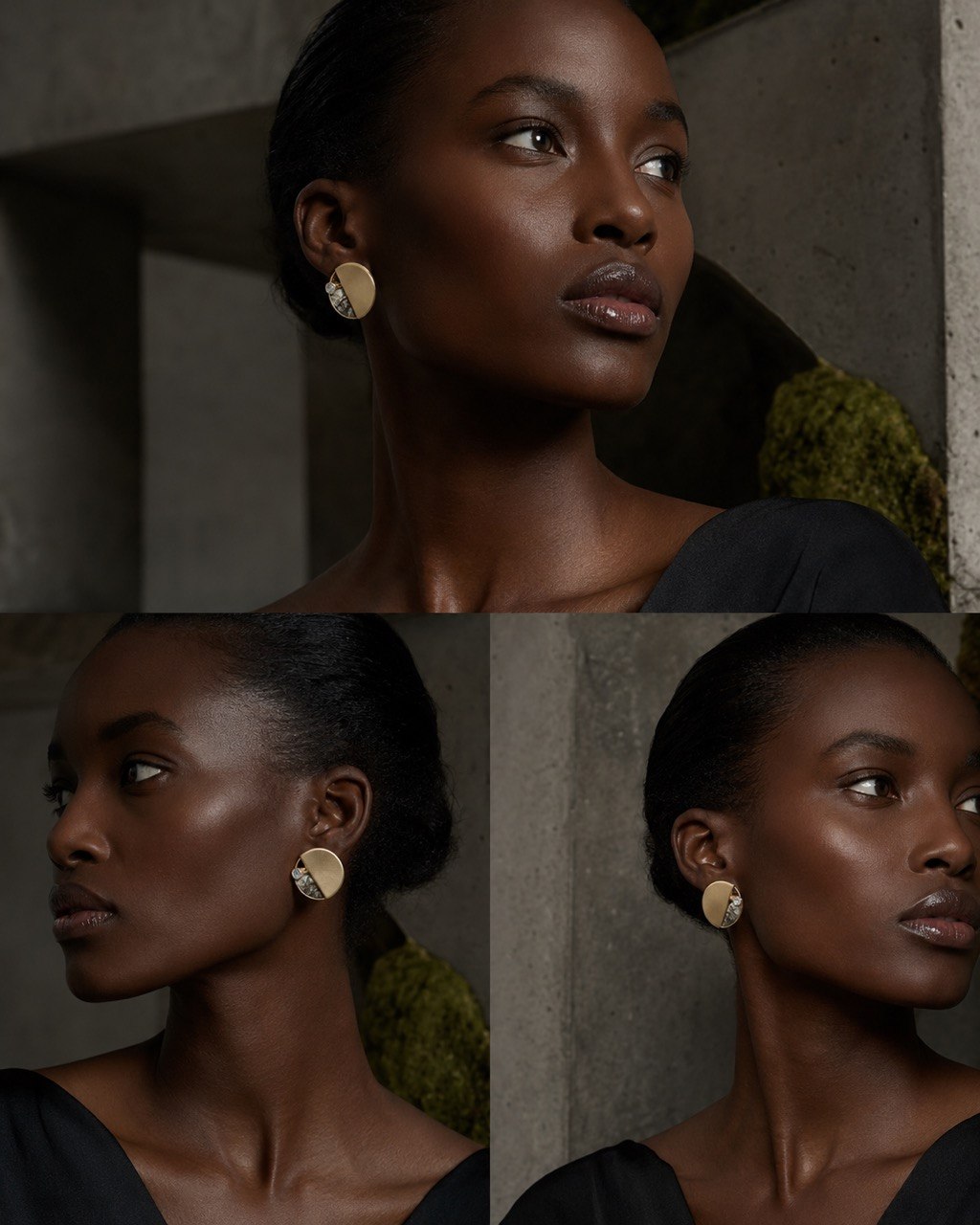 Three studies of a model wearing a sculptural gold Alnami earring
